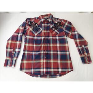 Montero Jeans Plaid Men's Embroidered Western Shirt Cowboycore Blue Red Medium
